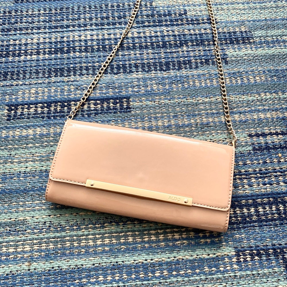 Aldo Patent Nude Clutch Crossbody with Gold Chain